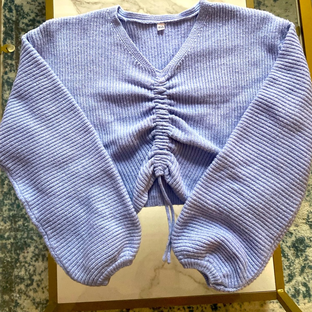 SHEIN, blue cropped rouched sweater.